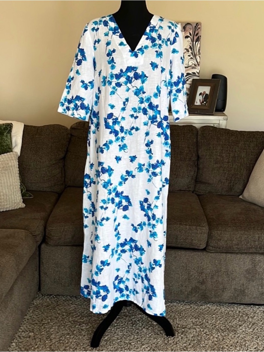 Yiorgos Koulasidis blue & white floral Greece Mediterranean dress bougainvillea - Picture 4 of 9